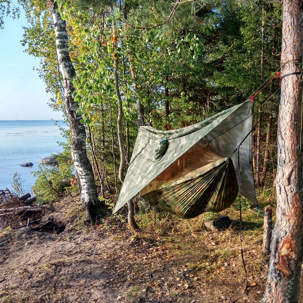 Trekviva Hamac de Camping | Filet anti-moustiques intégré & Tarp de pluie | Ultra léger & Résistant | Solution 3-en-1 pour l'extérieur