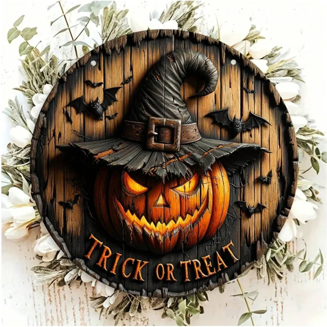 Couronne en bois Halloween rétro PumpkinHollow avec tête de citrouille | Design rétro | Décoration suspendue artisanale pour la maison et le jardin