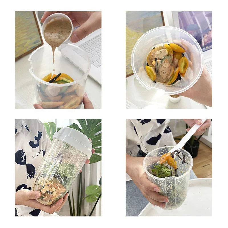 Salatto Salat-to-go Becher 1000 ml | Boîte à lunch en forme de bouteille avec fourchette & contenant à sauce | Portable & alimentaire | Blanc/Vert