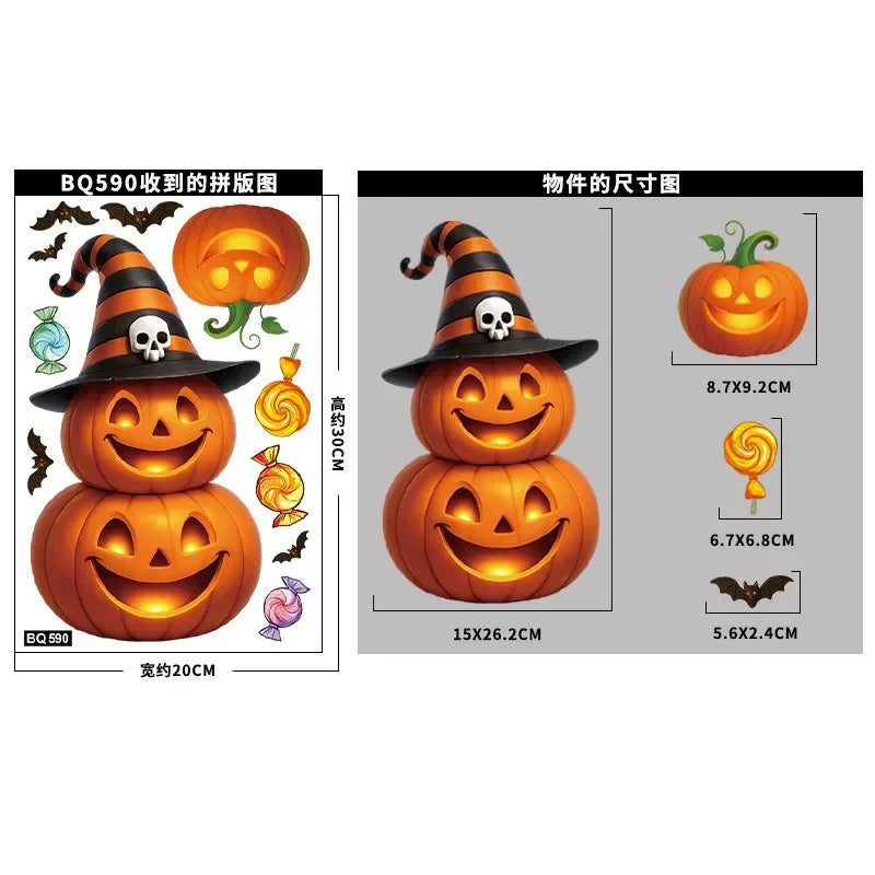 Autocollants de fenêtre SpookyPumpkins | Autocollants de décoration d'Halloween | Citrouille, chat & fantôme | Réutilisables & adhésifs statiques