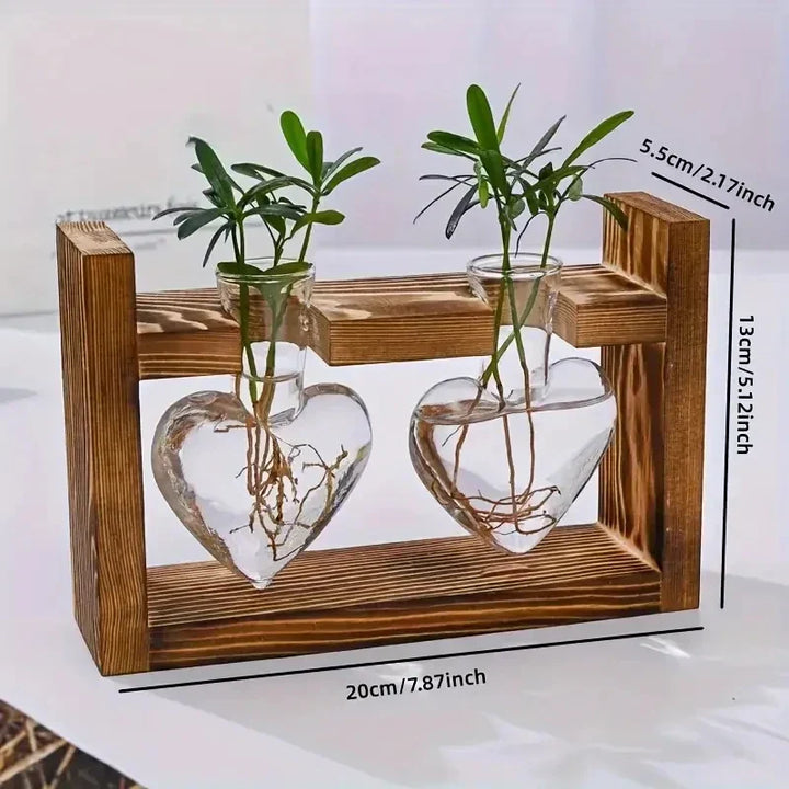 Vase Hydroponique Virella | Verre en forme de cœur dans un cadre en bois | Décoratif & Moderne | Pour boutures & plantes d'intérieur