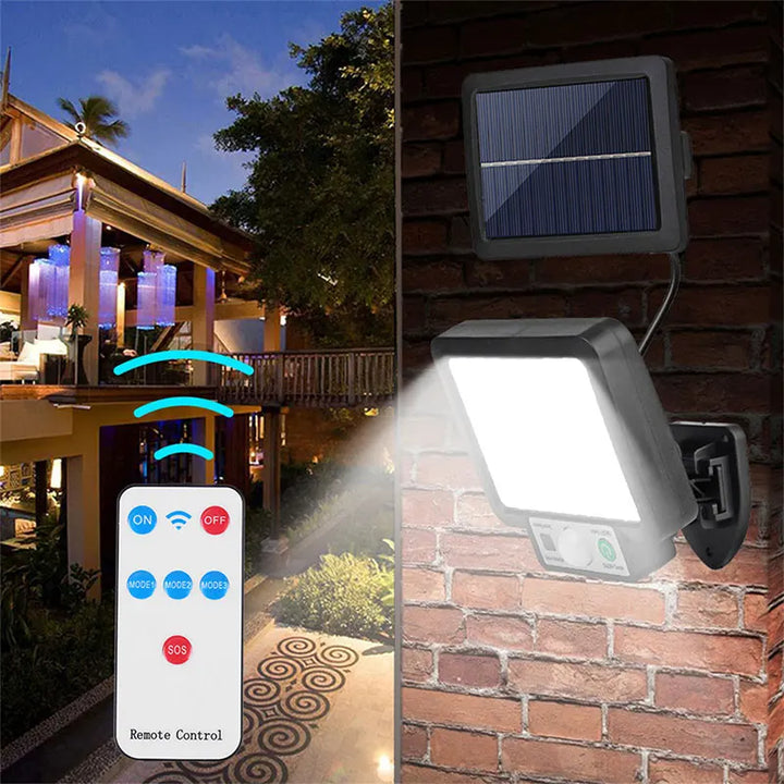 LumoVolt Lumière Solaire avec Détecteur de Mouvement | 72 LED COB | Télécommande & Câble de Panneau Solaire de 5 m | 3 Modes | Résistant aux Intempéries IP65
