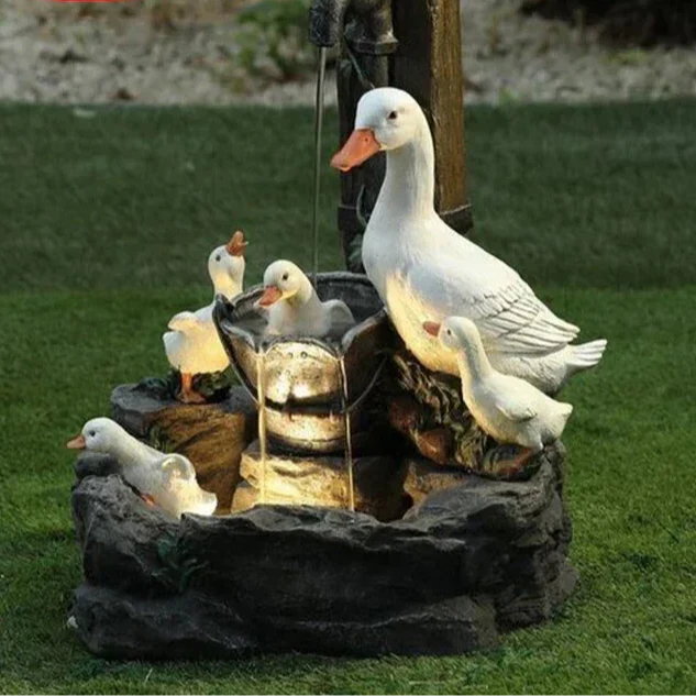 Fontaine Deko Solaire Lunaverde Canard & Écureuil | Figurine de jardin avec lumière LED | Résine synthétique résistante aux intempéries | Pour terrasse & balcon