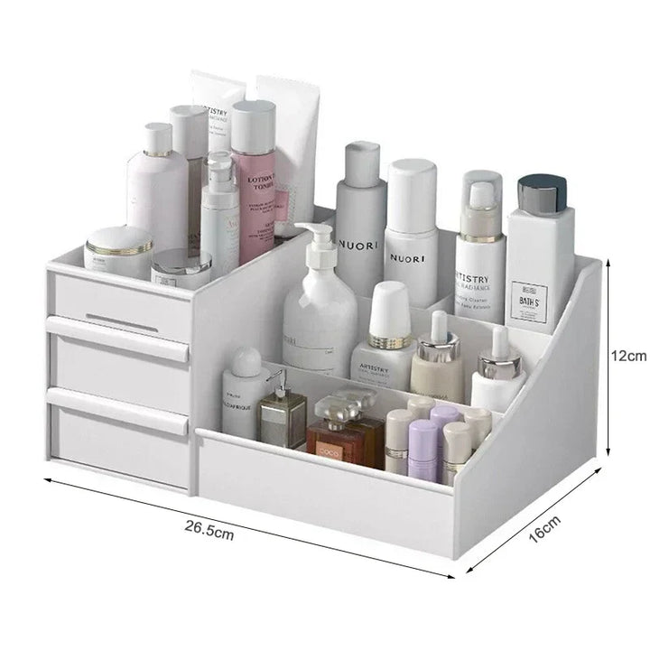 Organisateur de maquillage Cosmevo avec tiroirs | Rangement compact pour le maquillage pour salle de bain et coiffeuse – Blanc, mobile et facile à nettoyer