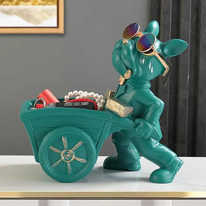 Figurine décorative Bulldog avec brouette | Sculpture en résine faite à la main | Décoration de table & rangement | Noir/Vert