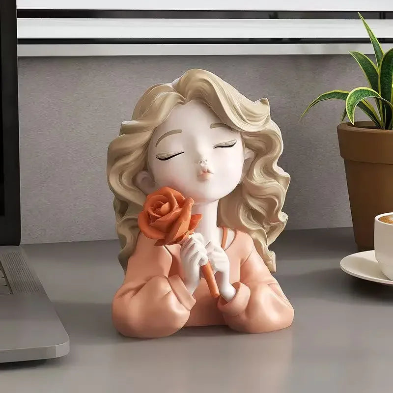 Florina Grace | Figurine décorative fille avec fleur | Statue en résine | Accessoire de maison élégant & idée cadeau