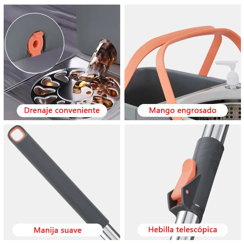 Duocleva Balai à franges avec seau à double compartiment | Manche en acier inoxydable de 138 cm | Tête rotative à 360° | Pour carrelages, bois et stratifié