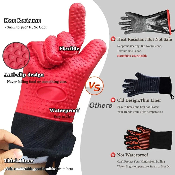 Gants de Grill en Silicone Griptermo | Résistant à la chaleur jusqu'à 260 °C | Antidérapants & Imperméables | Avec doublure en coton