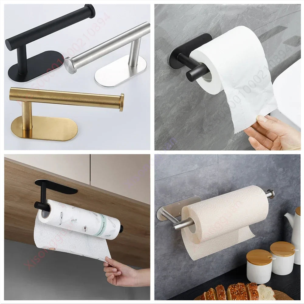Metallo Porte-papier | Porte-papier de cuisine et de toilette | Acier inoxydable | Sans perçage ni vis | Argent/Noir/Or