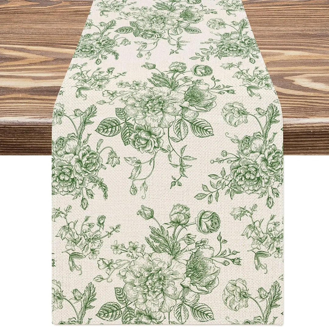 LinoBloom | Chemin de table en lin | Design Chinoiserie Bleu-Fleurs | Lavable & Réutilisable | 150/180/200 × 33 cm