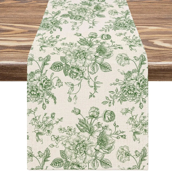 LinoBloom | Chemin de table en lin | Design Chinoiserie Bleu-Fleurs | Lavable & Réutilisable | 150/180/200 × 33 cm