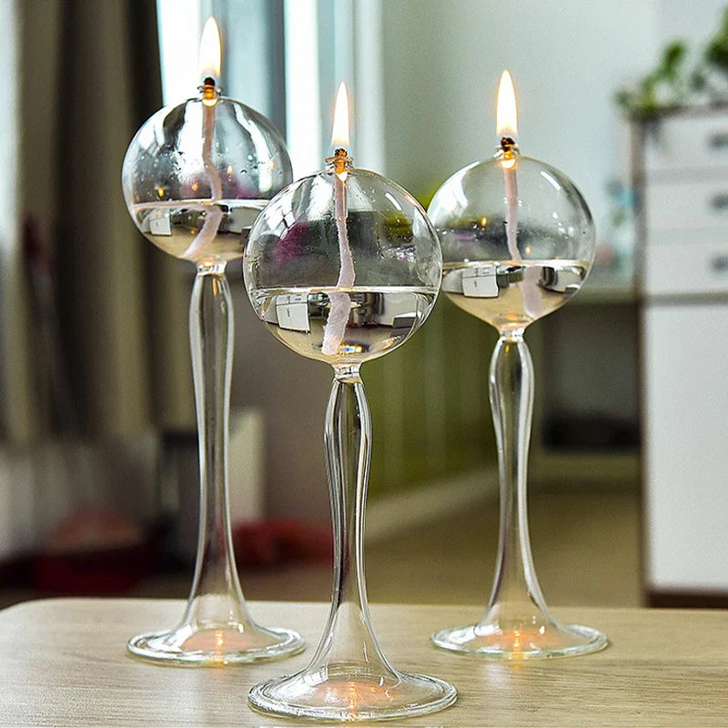 VetroLuce Lampe à huile | Forme sphérique avec pied haut | Verre borosilicate transparent | 21–25,5 cm