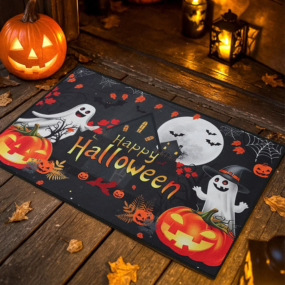 Tapis d'entrée Halloween SpookyHome | Velours Cristal | Citrouilles & Fantômes | Antidérapant & Doux