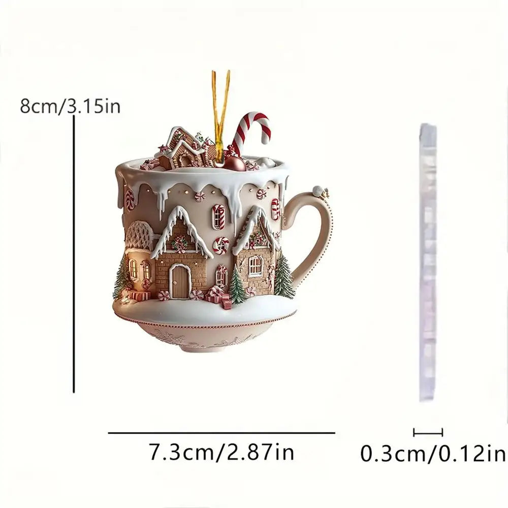 FestivaBrew Décoration de Noël | Ornement en acrylique Tasse à café avec motif d'hiver | Décoration de sapin de Noël durable | 8 × 7 cm