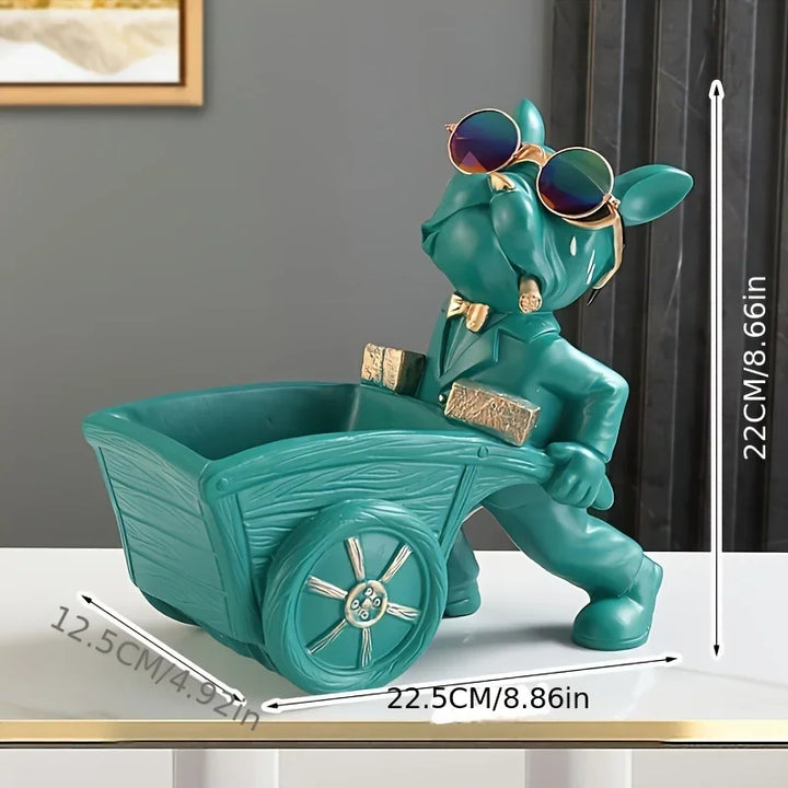 Figurine décorative Bulldog avec brouette | Sculpture en résine faite à la main | Décoration de table & rangement | Noir/Vert