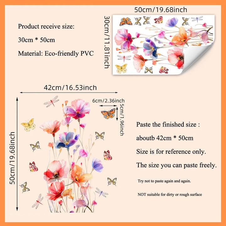 Autocollant mural Lunaflora | Fleurs aquarelle & papillons | Amovible & étanche | PVC 42×50 cm