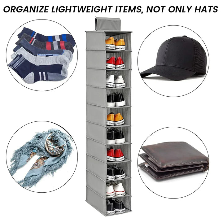 OrdoLino Organisateur de rangement suspendu 10 couches | Pliable et gain de place | Pour chaussures, vêtements et accessoires dans le placard