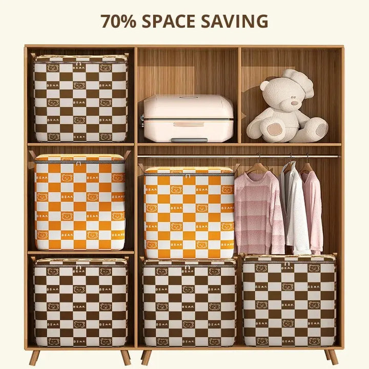 Sac de rangement Bearilo avec motif d'ours | Grande capacité pour couvertures, vêtements & déménagement | Pliable & portable | Orange/Marron