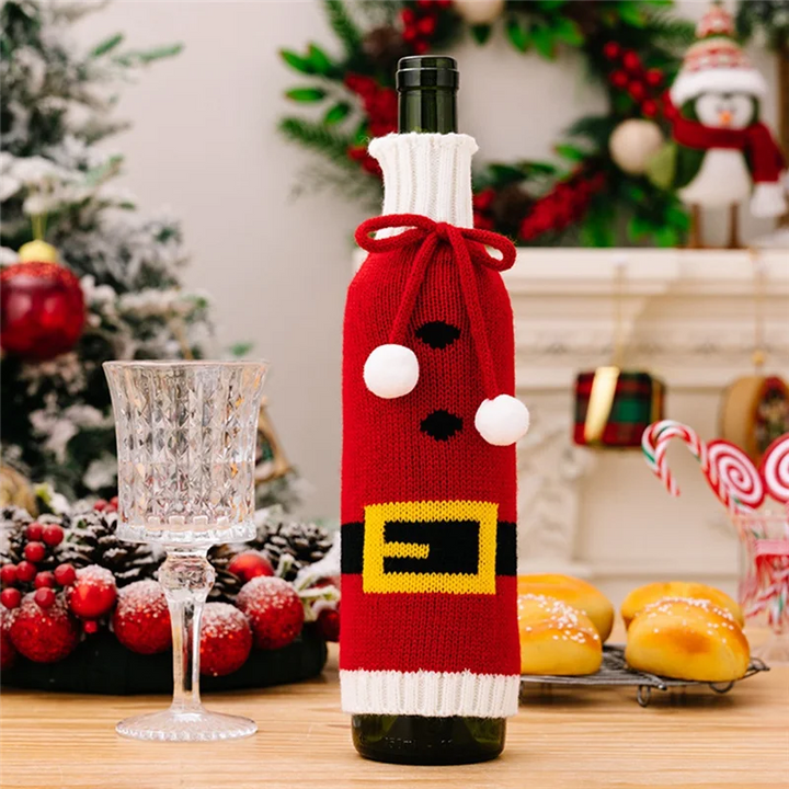 Festivelle Ensemble de 3 Housses de Bouteilles de Noël | Décoration de Bouteilles de Vin Tricotées | Avec Cordon de Serrage | Pour Bouteilles de Vin et de Champagne de 750ml | Polyester