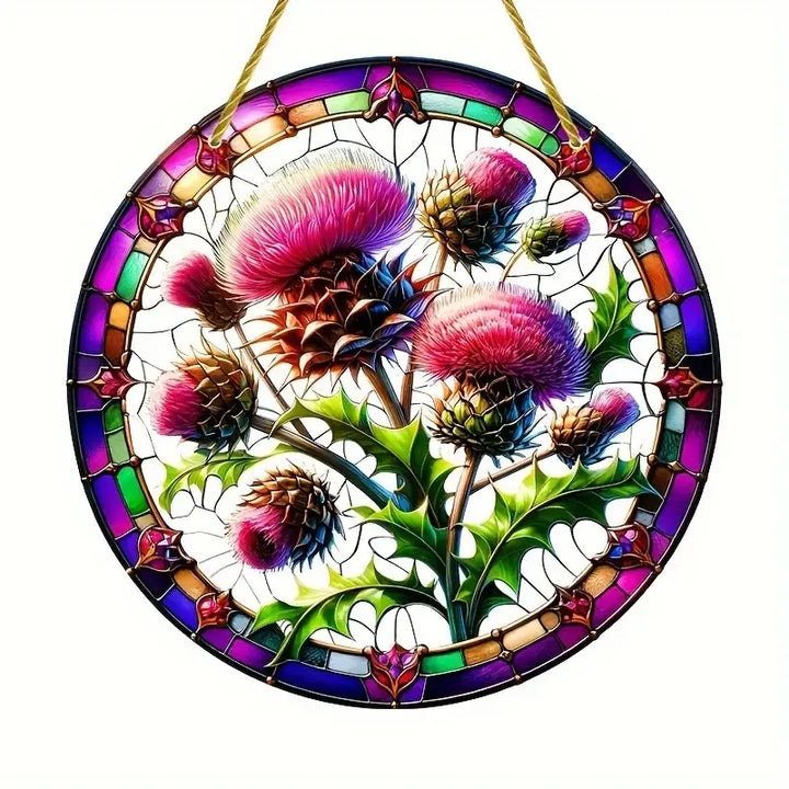 Attrape-Soleil ThistleLight | Décoration de fenêtre en acrylique ronde avec motif de chardon | 15–20 cm | Peint à la main & translucide