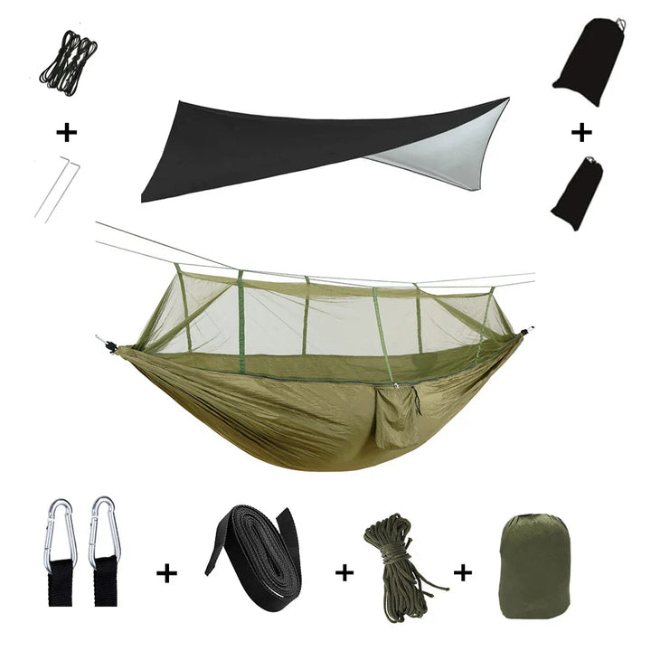 Trekviva Hamac de Camping | Filet anti-moustiques intégré & Tarp de pluie | Ultra léger & Résistant | Solution 3-en-1 pour l'extérieur