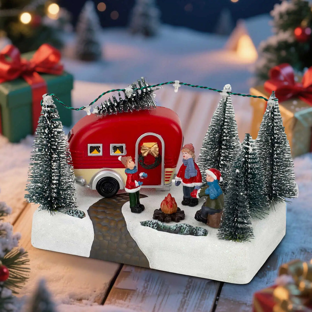 Figurine de Noël HolidayCamper | Scène de camping LED avec musique | Maison décorative de Noël avec enfants et feu de camp | Fonctionne sur piles