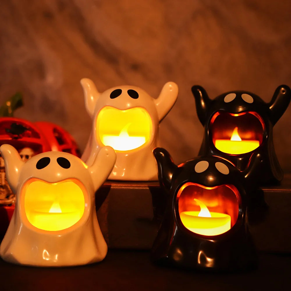 Lampe à bougie Halloween SpookyGlow | Lumière LED vacillante Blanc chaud | Fonctionne sur piles | Décoration pour maison, jardin & fête | 8×8 cm