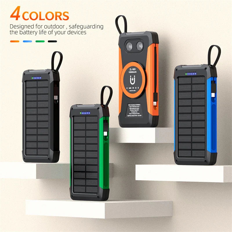 Voltaris MagCharge Powerbank Solaire 10000mAh | Charge sans fil magnétique | Fonction de charge rapide 22,5W | Avec câble et lampe de poche | Pour iPhone, Samsung et autres.