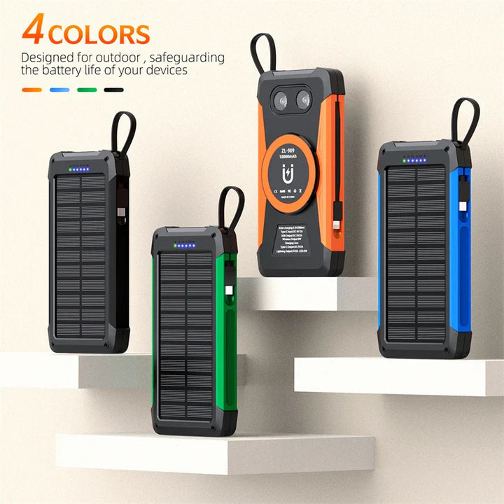Voltaris MagCharge Powerbank Solaire 10000mAh | Charge sans fil magnétique | Fonction de charge rapide 22,5W | Avec câble et lampe de poche | Pour iPhone, Samsung et autres.