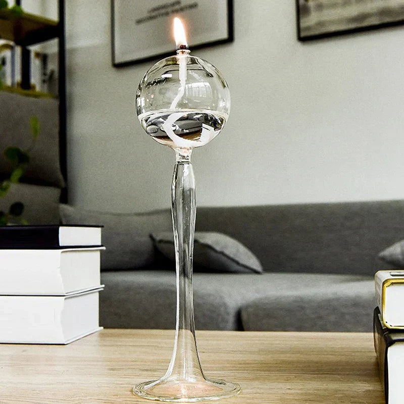 VetroLuce Lampe à huile | Forme sphérique avec pied haut | Verre borosilicate transparent | 21–25,5 cm