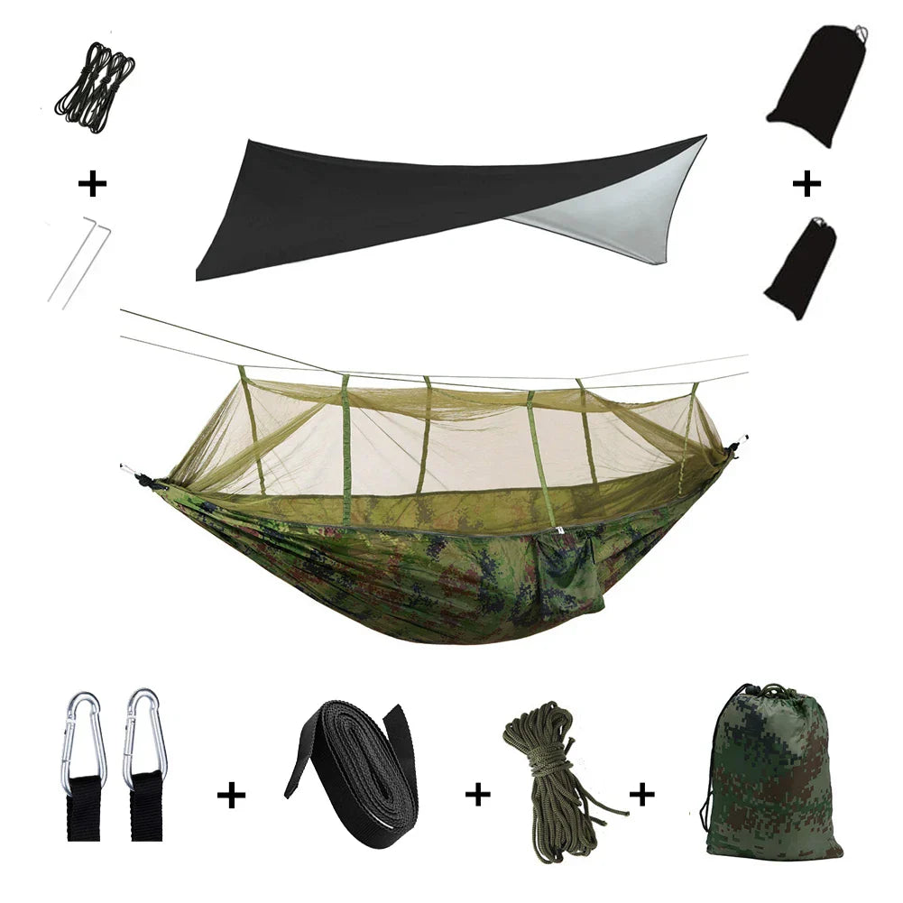 Trekviva Hamac de Camping | Filet anti-moustiques intégré & Tarp de pluie | Ultra léger & Résistant | Solution 3-en-1 pour l'extérieur