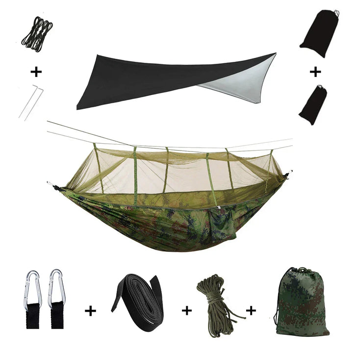 Trekviva Hamac de Camping | Filet anti-moustiques intégré & Tarp de pluie | Ultra léger & Résistant | Solution 3-en-1 pour l'extérieur