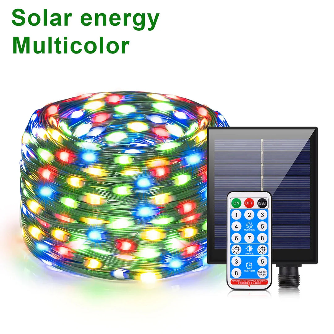 Guirlande lumineuse solaire 100M LumiSol ProLine | 8 modes | IP65 étanche | LEDs extra brillantes | Télécommande & Charge rapide | Pour jardin, mariage & Noël