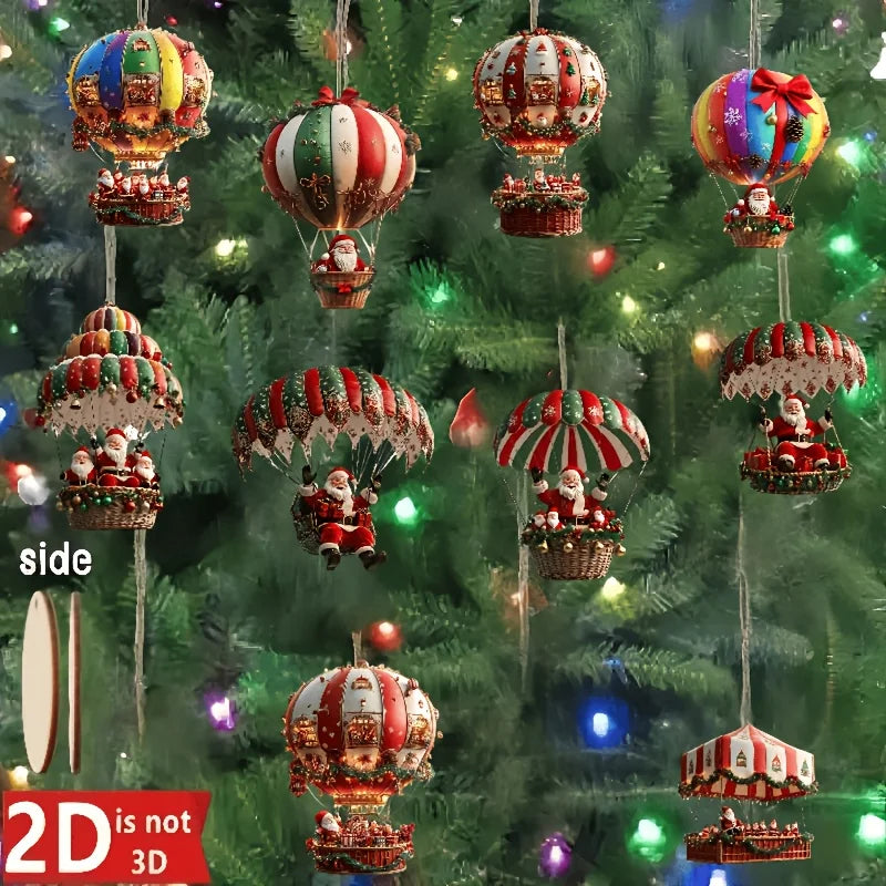 NordicJoy Décorations de Noël en Bois Montgolfière & Père Noël | Ensemble de 10 Ornements en Bois | Décorations de Sapin de Noël & Idée Cadeau