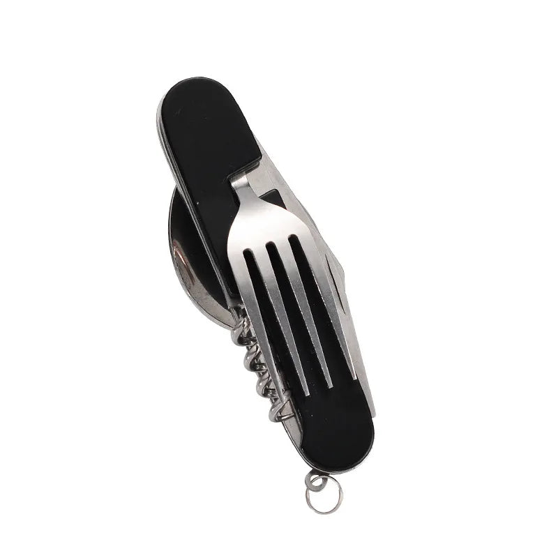 Set de couverts 4-en-1 Camplico pour extérieur | Cuillère, fourchette, couteau & décapsuleur pliables | Acier inoxydable & compact | Pour le camping & les voyages
