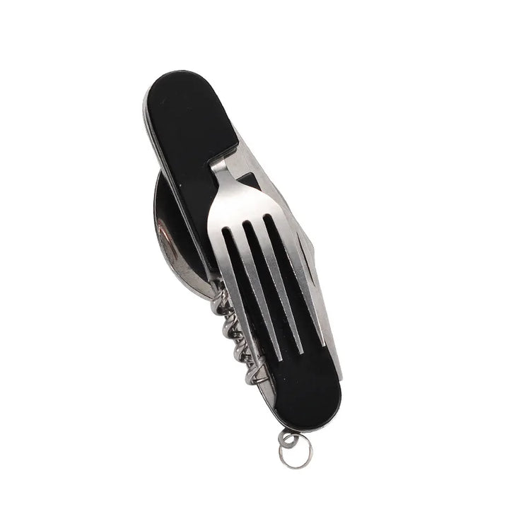 Set de couverts 4-en-1 Camplico pour extérieur | Cuillère, fourchette, couteau & décapsuleur pliables | Acier inoxydable & compact | Pour le camping & les voyages