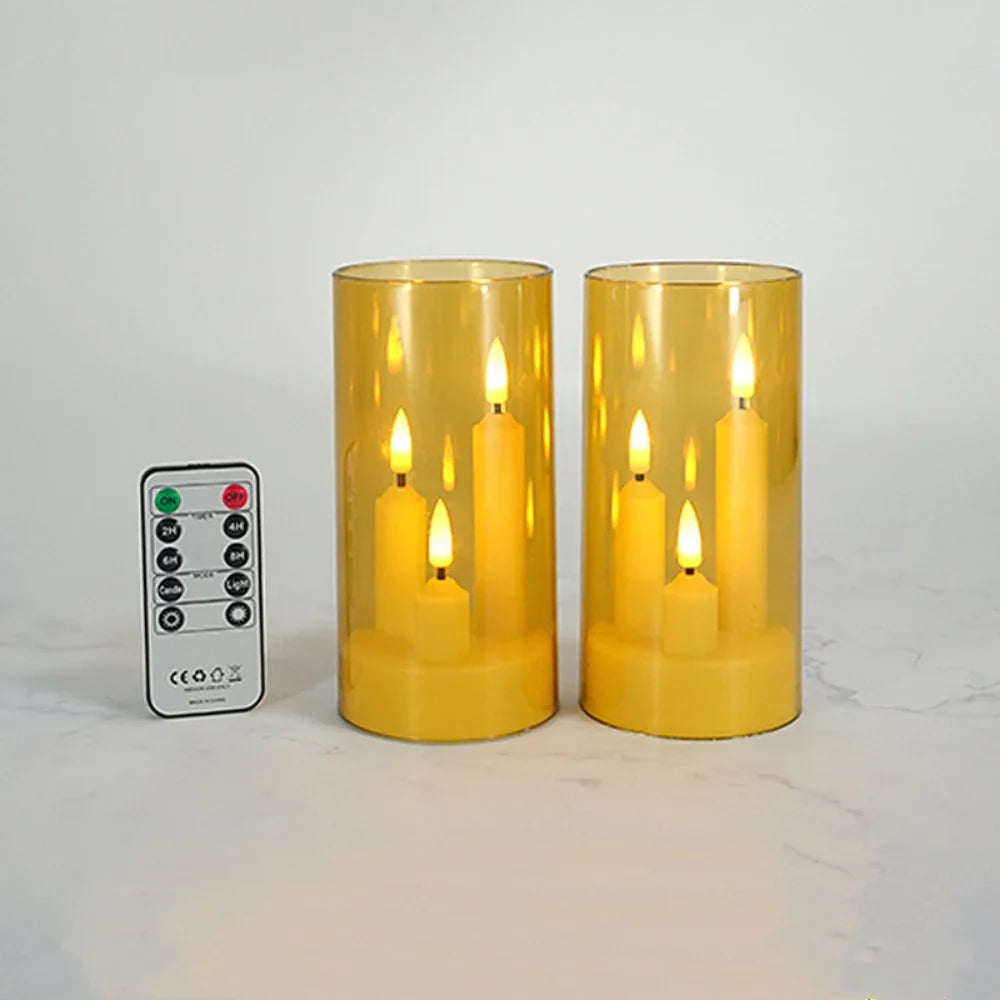 LumièreTrio Bougie LED-Stumpenkerze avec 3 mèches | 7,5 × 15 cm | Télécommande & Minuteur | Lumière chaude vacillante | Design en acrylique