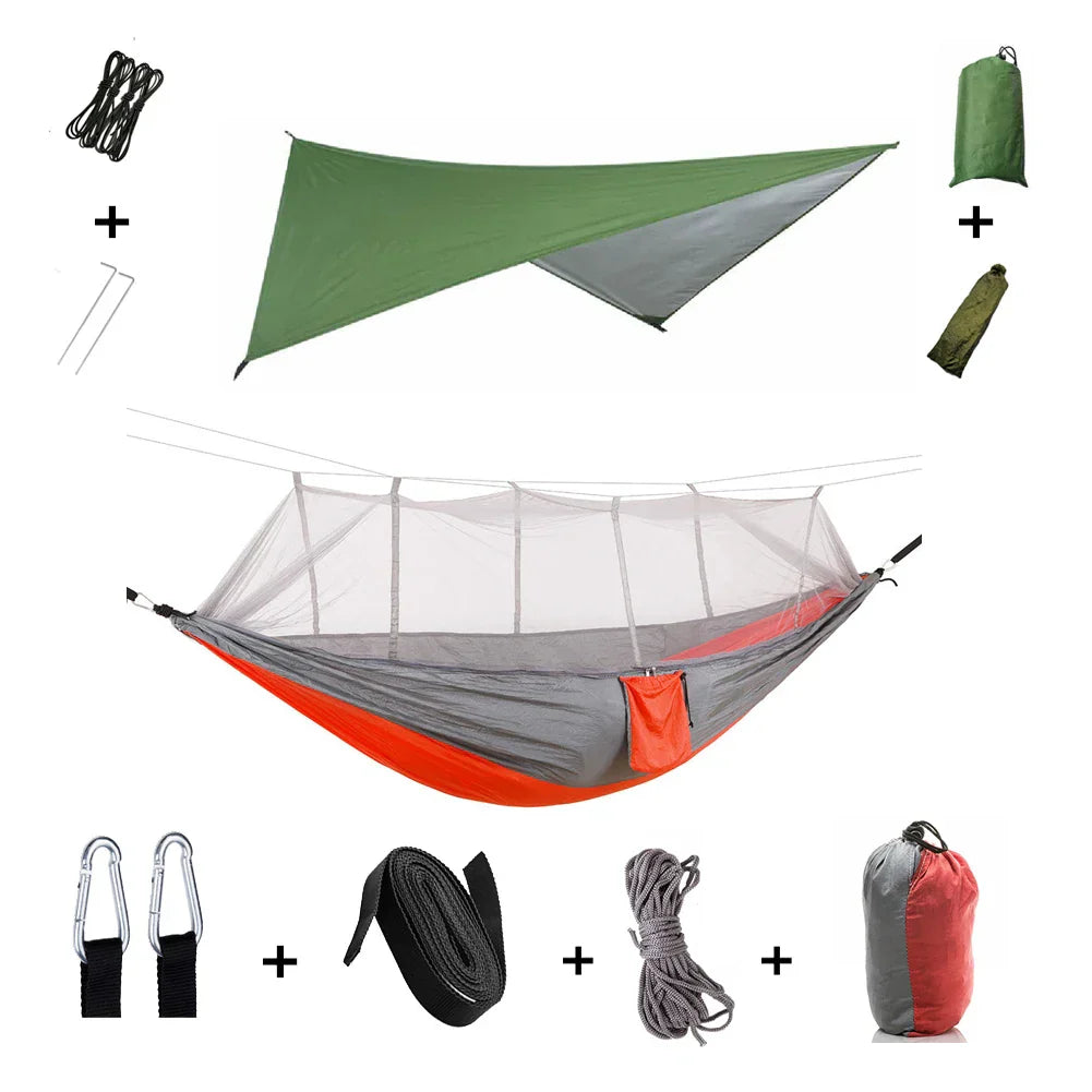 Trekviva Hamac de Camping | Filet anti-moustiques intégré & Tarp de pluie | Ultra léger & Résistant | Solution 3-en-1 pour l'extérieur