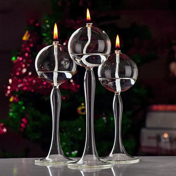 VetroLuce Lampe à huile | Forme sphérique avec pied haut | Verre borosilicate transparent | 21–25,5 cm
