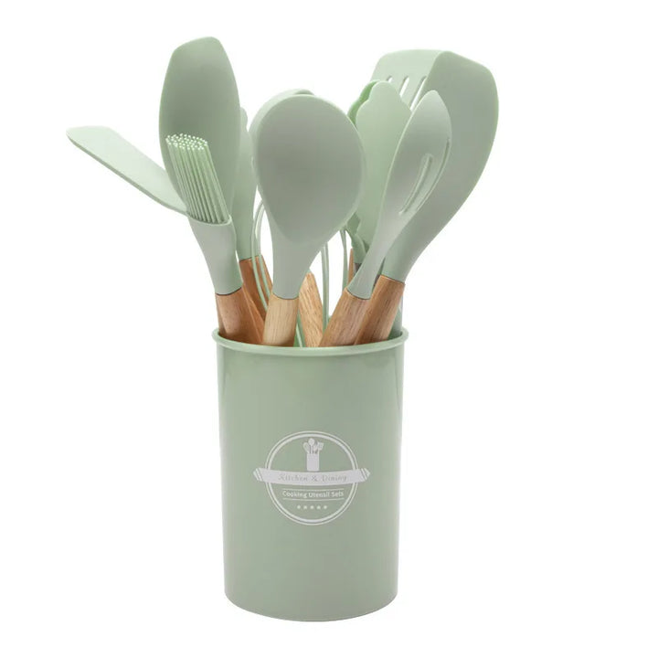 Ensemble d'ustensiles de cuisine en silicone Culinora | Résistant à la chaleur jusqu'à 230 °C | 12 pièces avec poignées en bois | Fouet, spatule, pince & plus