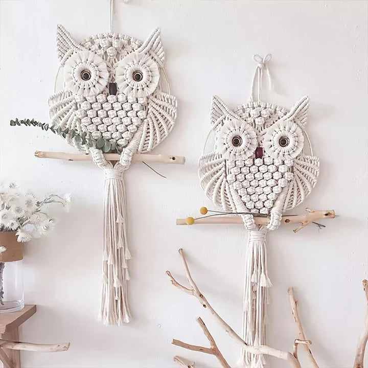 Tenture murale en macramé Hibou de Sagesse | Fait main en corde de coton | Décoration Boho | 15×45 cm / 30×80 cm