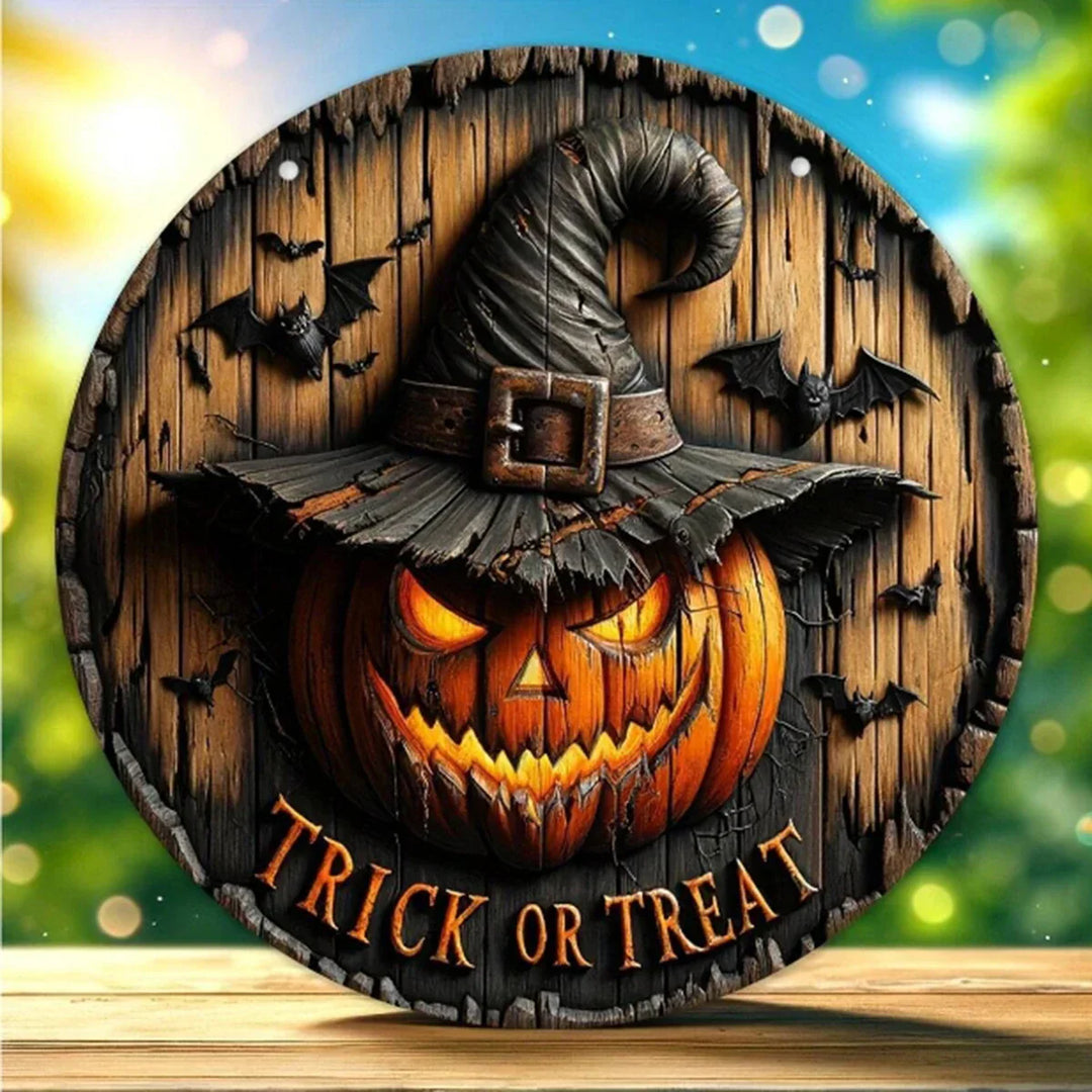 Couronne en bois Halloween rétro PumpkinHollow avec tête de citrouille | Design rétro | Décoration suspendue artisanale pour la maison et le jardin
