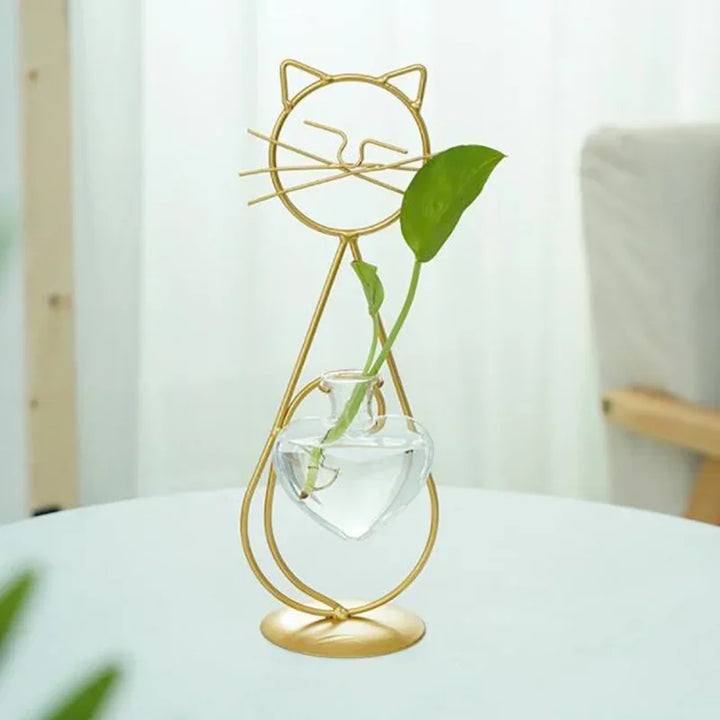 Felora | Vase en verre en forme de cœur pour hydroponie avec support pour chat | Fer forgé fait main & verre borosilicaté