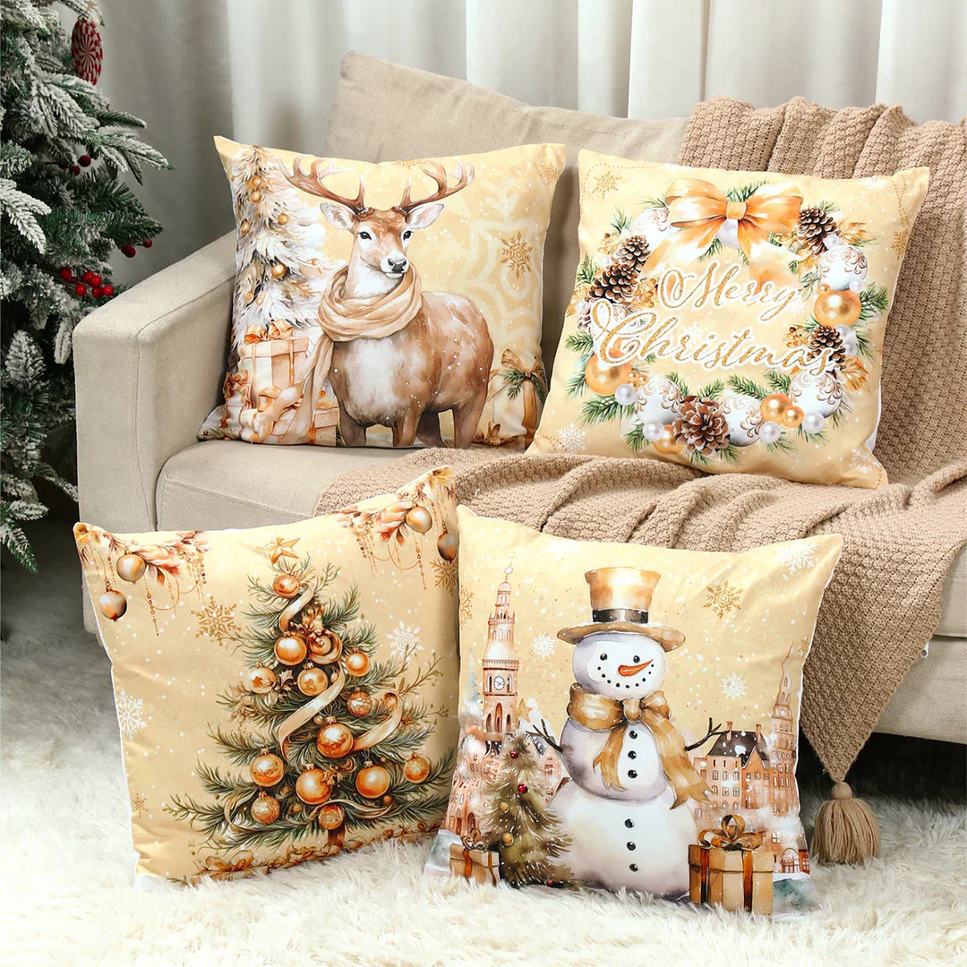 Ensemble de Housses de Coussin de Noël (4 pièces) | Décoration Festive pour la Maison | Coton Doux | 45x45 cm