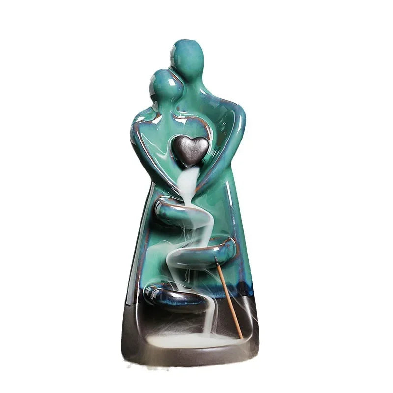 ZenAura Brûleur d'encens à reflux | Céramique | Design couple amoureux | Décoration & Méditation | 7,3×7,4×17,4 cm