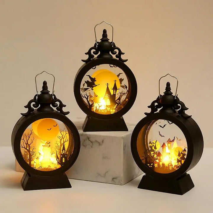 Hexenlicht | Lampe LED Halloween | Château gothique avec citrouille et sorcière | Lumière d'ambiance chaude