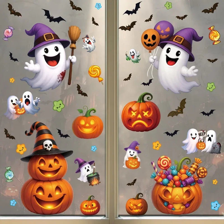 Autocollants de fenêtre SpookyPumpkins | Autocollants de décoration d'Halloween | Citrouille, chat & fantôme | Réutilisables & adhésifs statiques