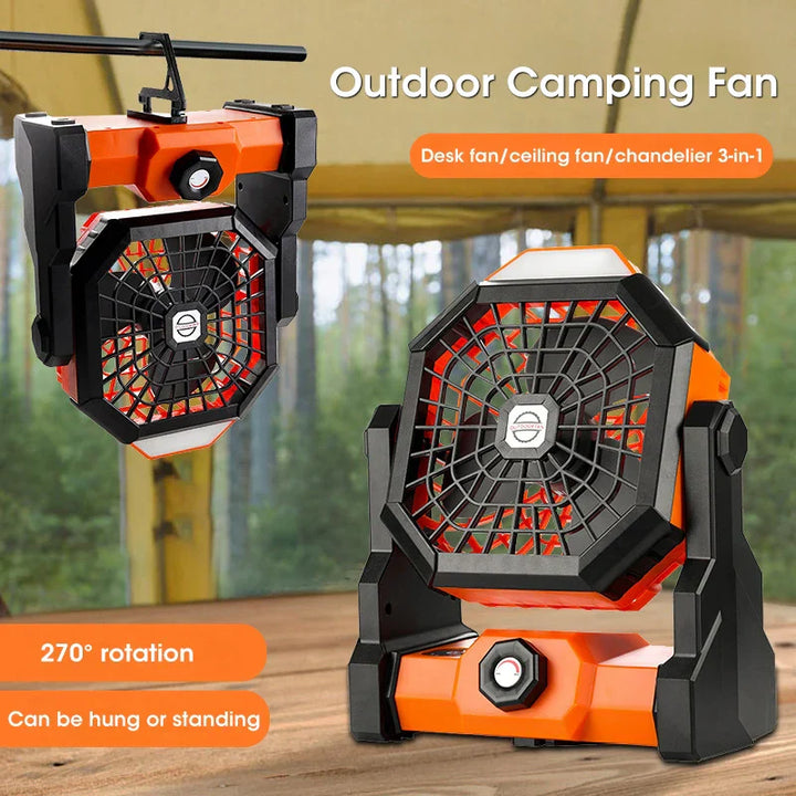Campora BreezeLight | Ventilateur de camping 2-en-1 avec lampe LED | Batterie de 7800 mAh | Rotatif à 270° | Rechargeable par USB | Pour tente, extérieur & voyages