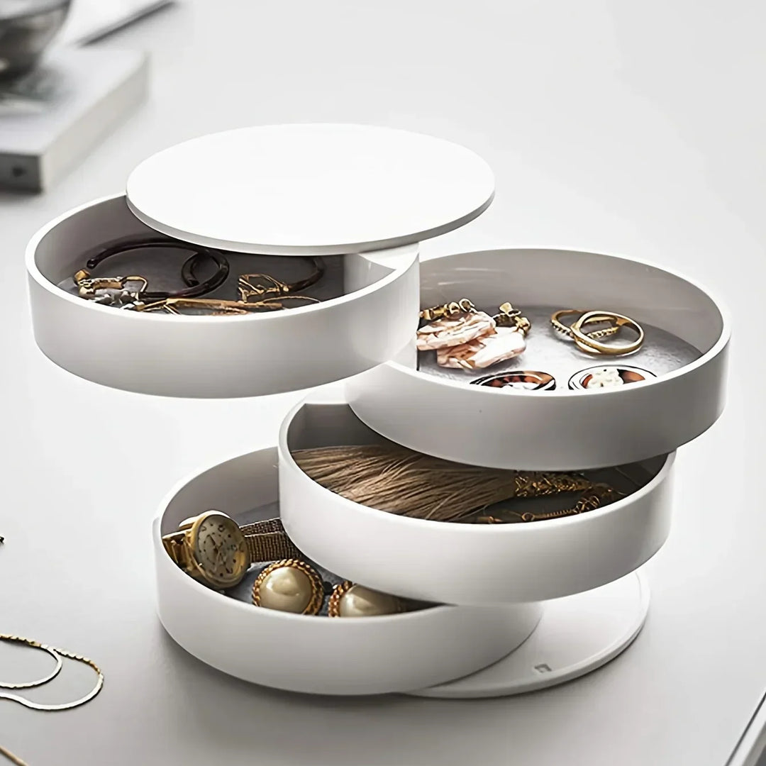 Boîte à bijoux Velvira rotative | 5 étagères avec couvercle | Étanche à la poussière & Compacte | Pour bijoux, accessoires capillaires & maquillage