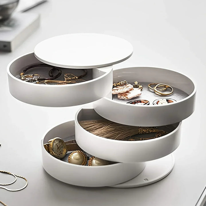 Boîte à bijoux Velvira rotative | 5 étagères avec couvercle | Étanche à la poussière & Compacte | Pour bijoux, accessoires capillaires & maquillage
